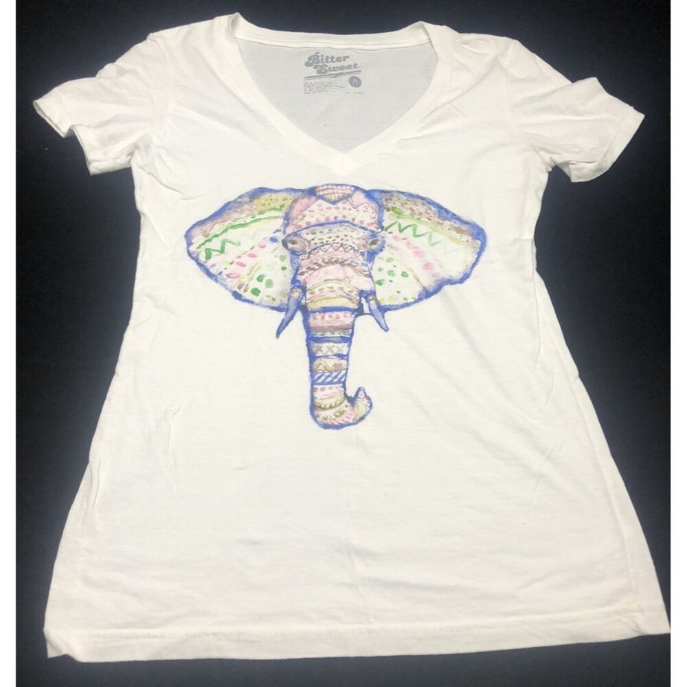 Bitter Sweet Women’s T Shirt White Elephant Colorful Henna V-Neck Size Medium
